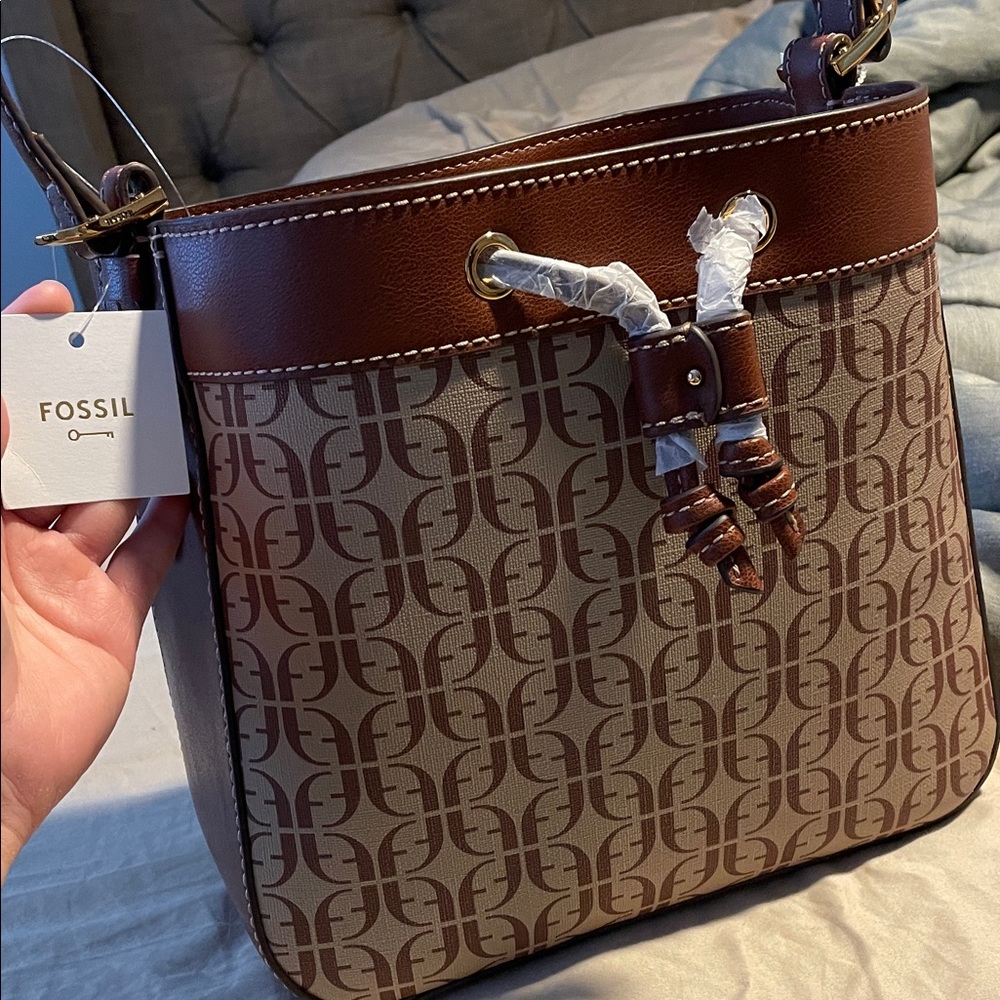 Fossil Tan and Brown Monogram crossbody Bag